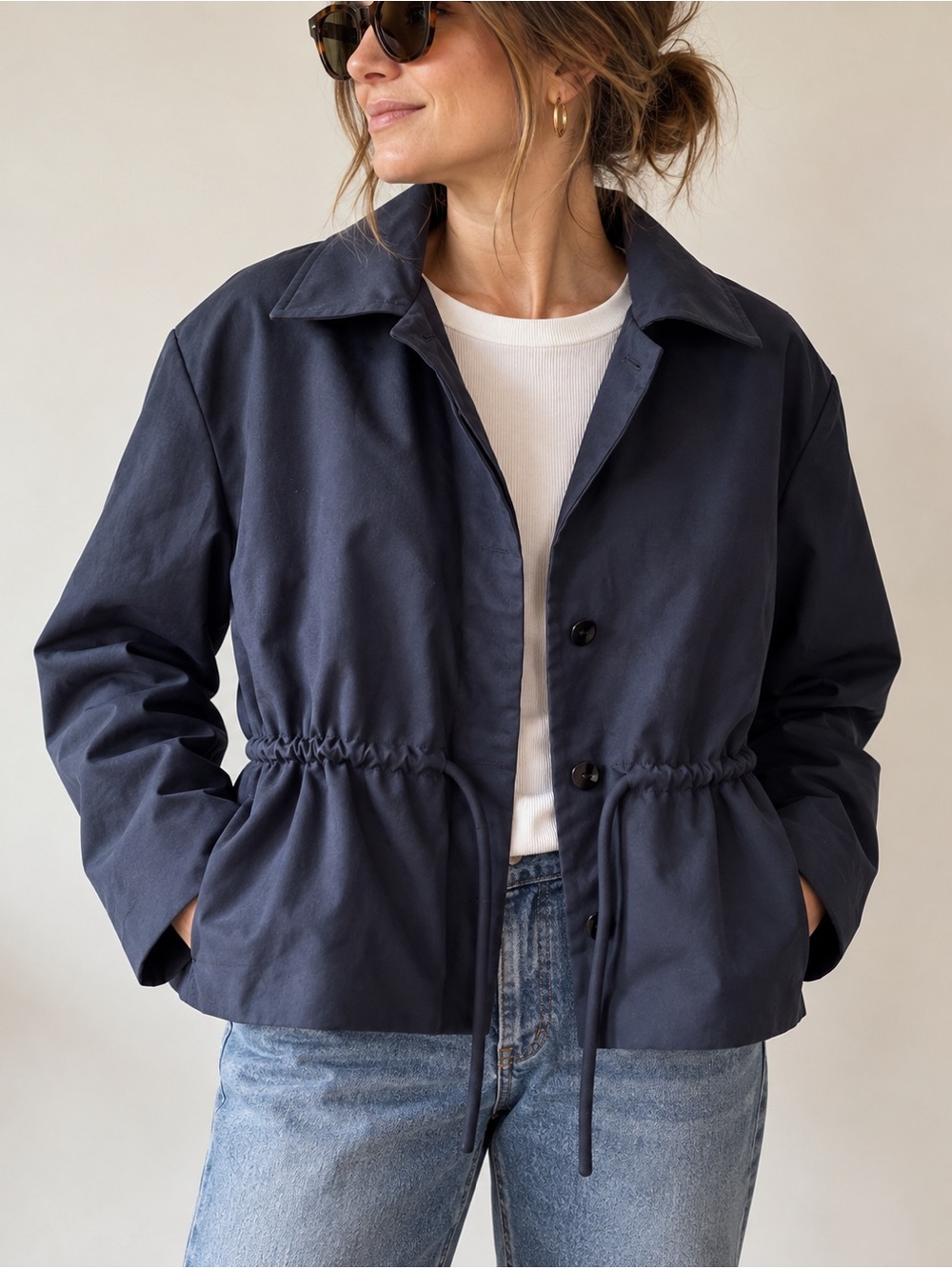 Zara ZW Collection Navy Drawstring Cinched Jacket - M